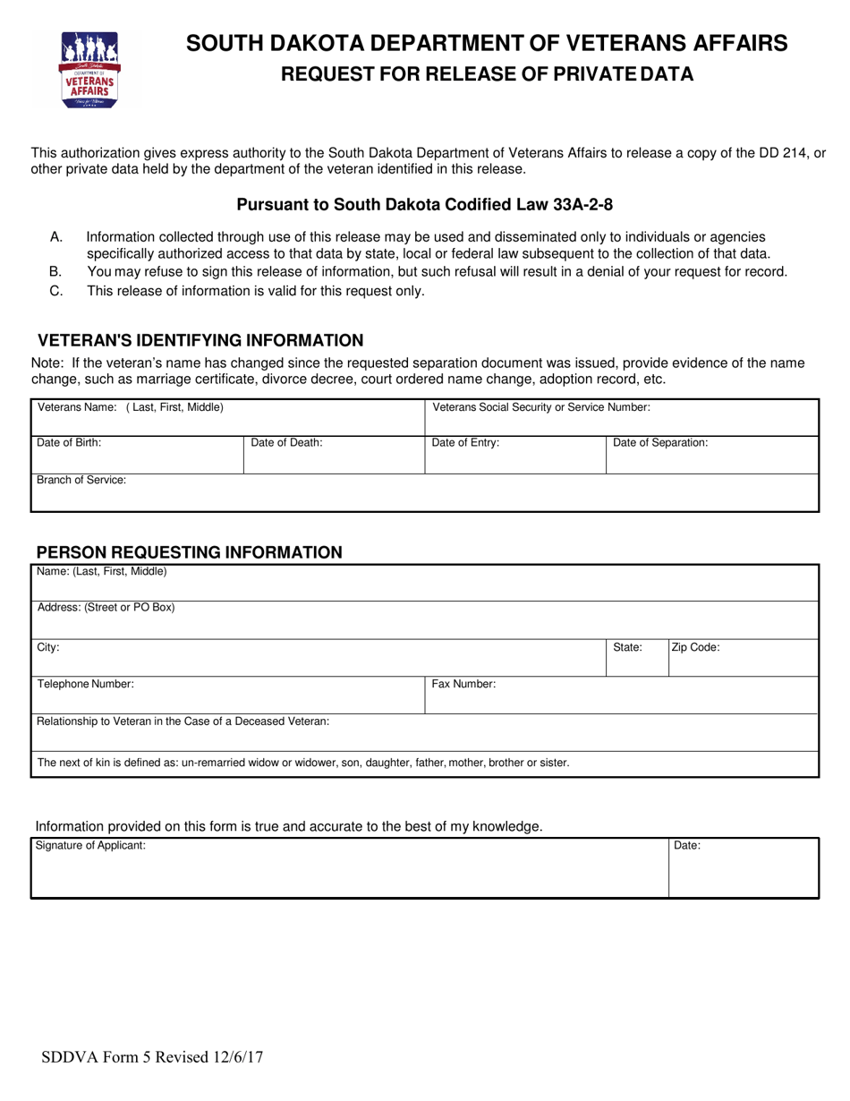 SDDVA Form 5 Request for Release of Private Data - South Dakota, Page 1