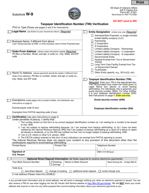 Form W-9 Taxpayer Identification Number (Tin) Verification - South Dakota
