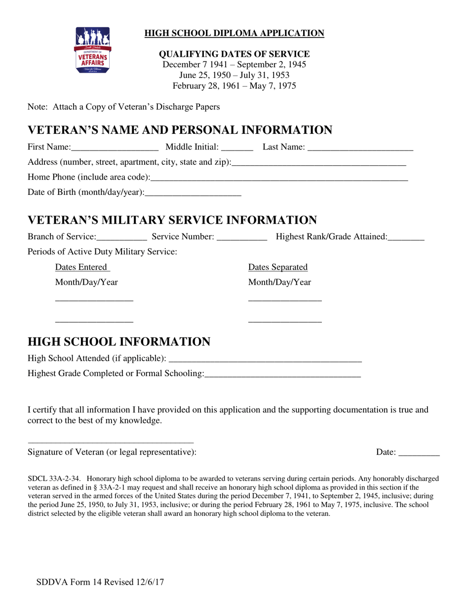 SDDVA Form 14 High School Diploma Application - South Dakota, Page 1