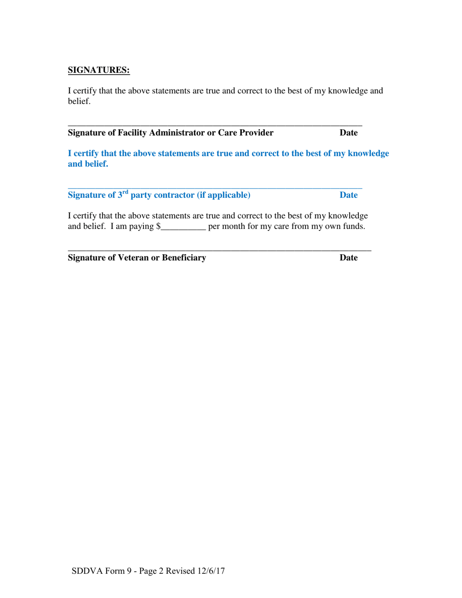 SDDVA Form 9 Claimant Reports Change in Care Facility - South Dakota, Page 2