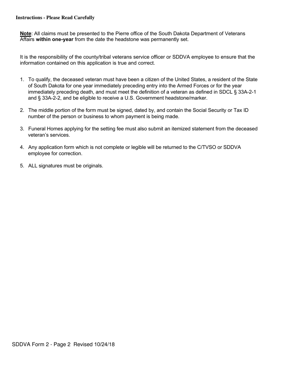 SDDVA Form 2 Application for Veterans $100 Headstone Setting Fee - South Dakota, Page 2