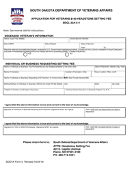SDDVA Form 2 &quot;Application for Veterans $100 Headstone Setting Fee&quot; - South Dakota