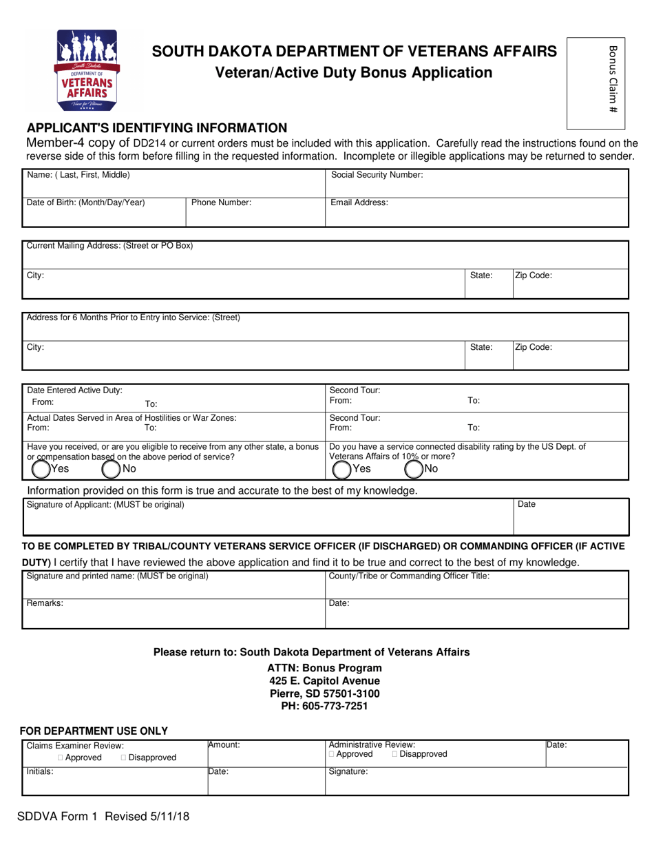 SDDVA Form 1 Veteran / Active Duty Bonus Application - South Dakota, Page 1