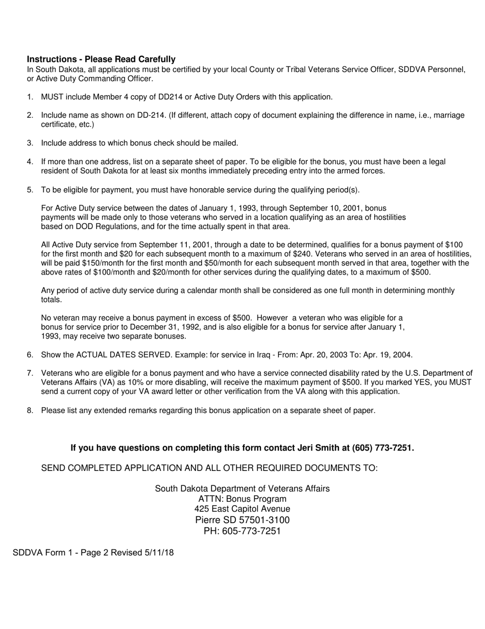 SDDVA Form 1 Veteran / Active Duty Bonus Application - South Dakota, Page 2