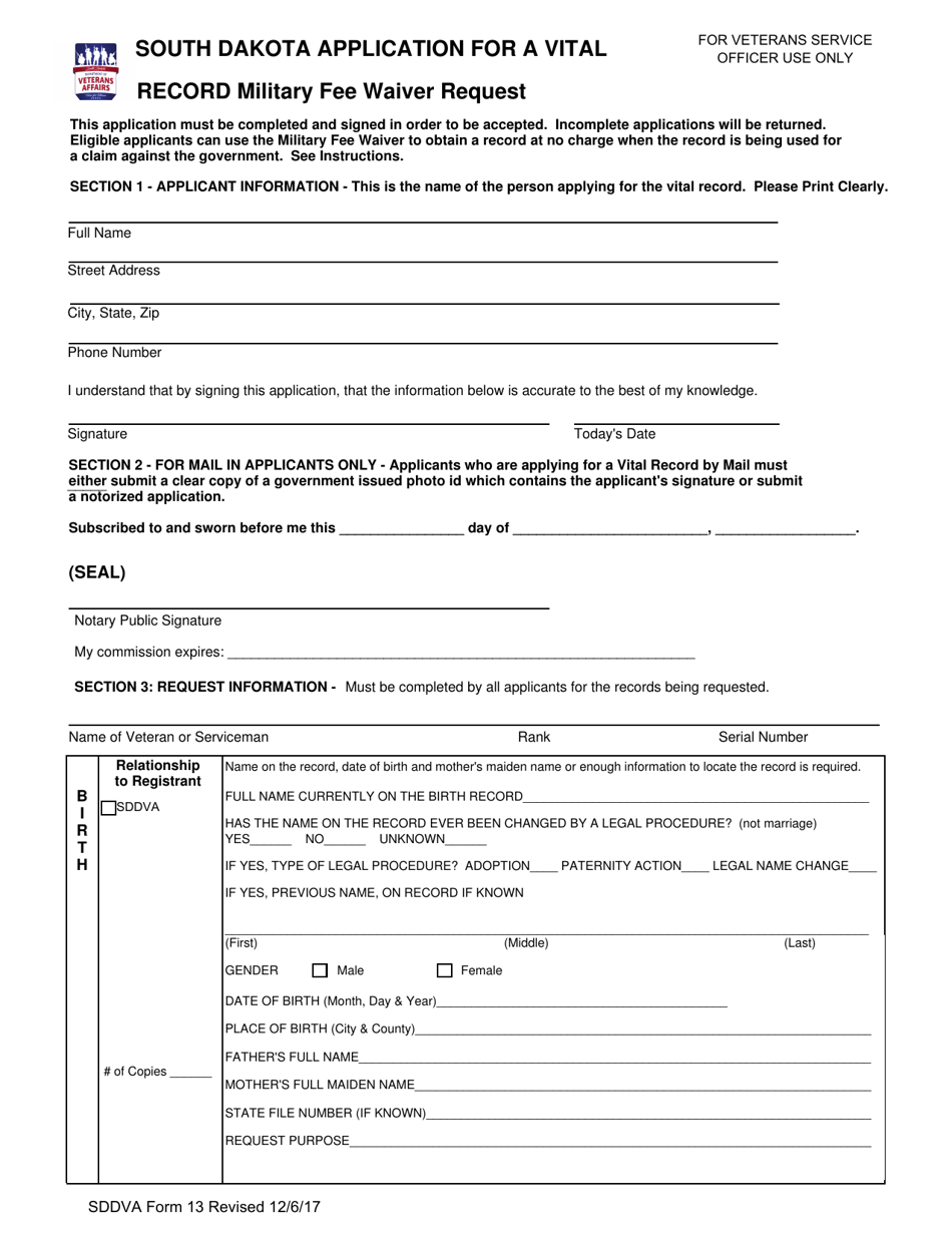 SDDVA Form 13 South Dakota Application for a Vital Record Military Fee Waiver Request - South Dakota, Page 1