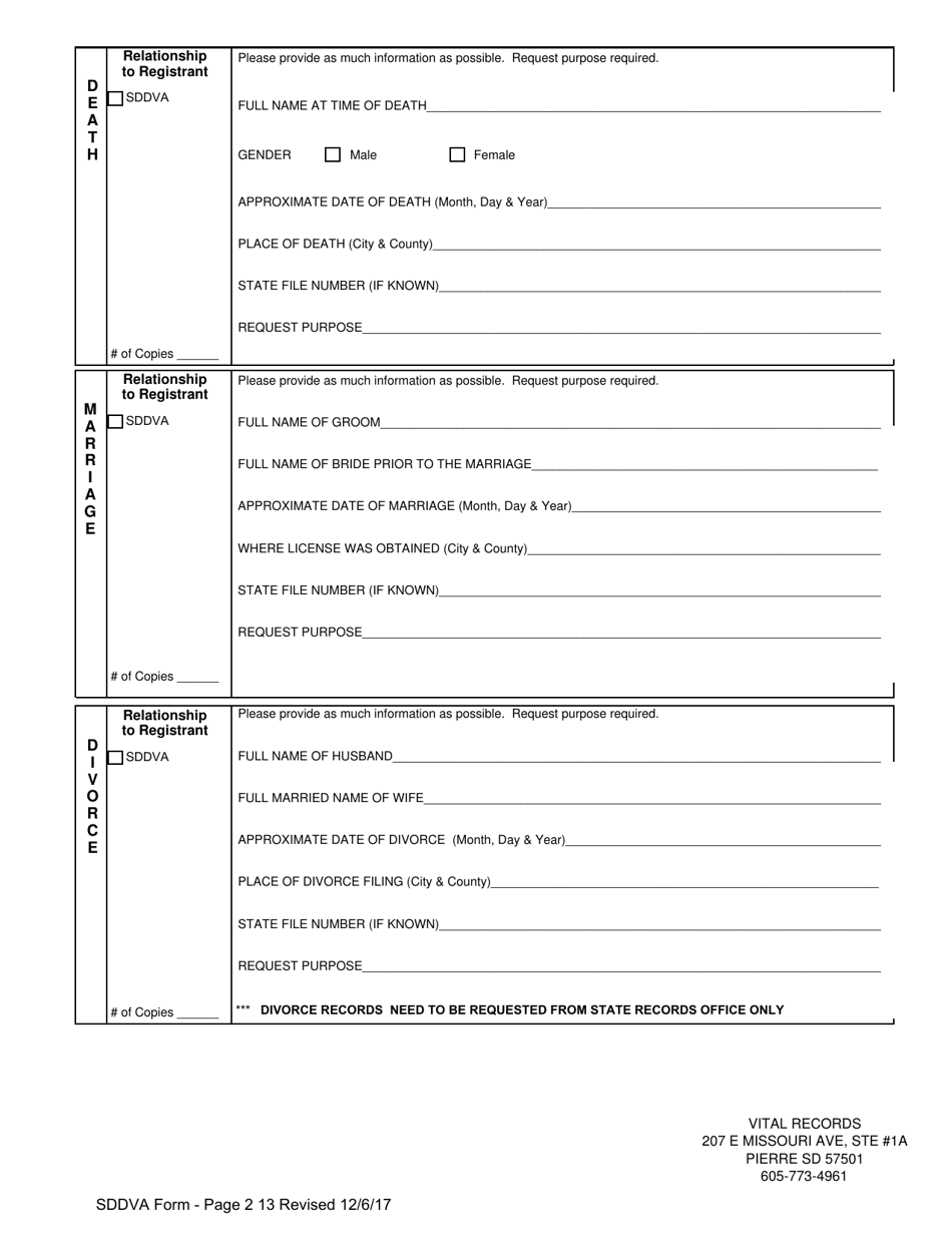 SDDVA Form 13 South Dakota Application for a Vital Record Military Fee Waiver Request - South Dakota, Page 2