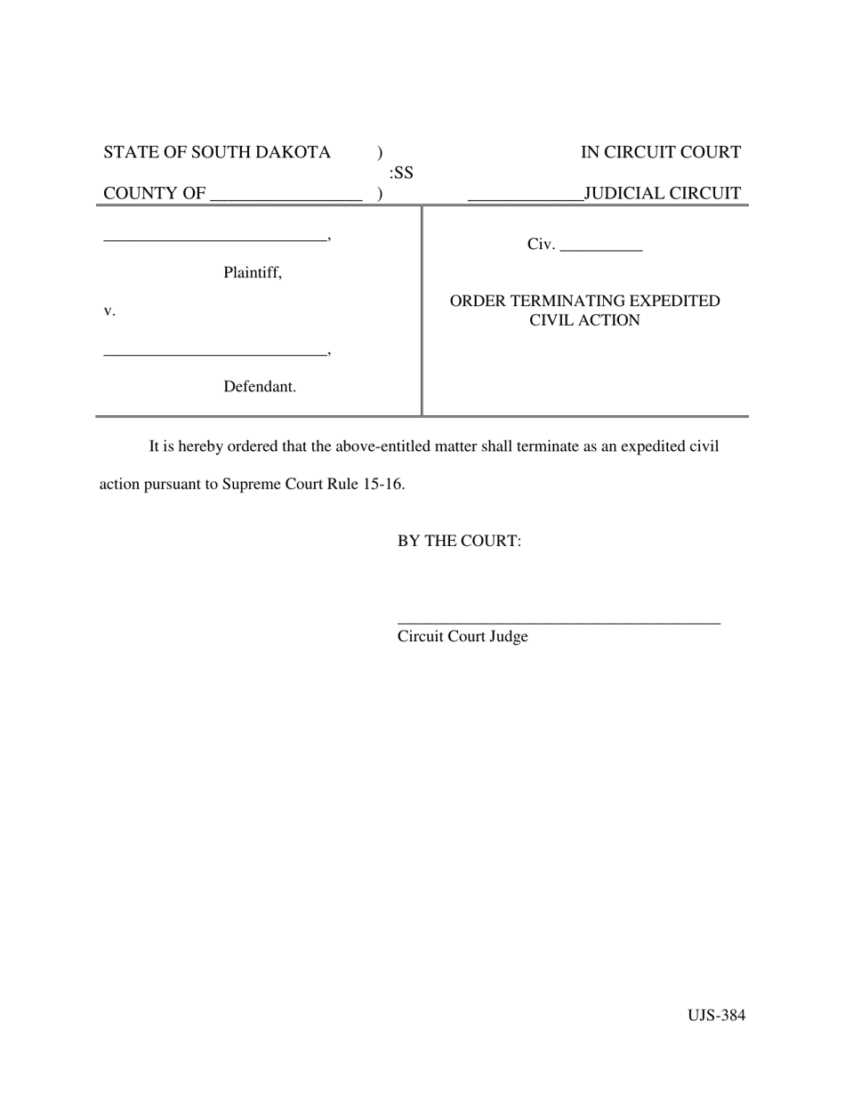Form UJS-384 Order Terminating Expedited Civil Action - South Dakota, Page 1