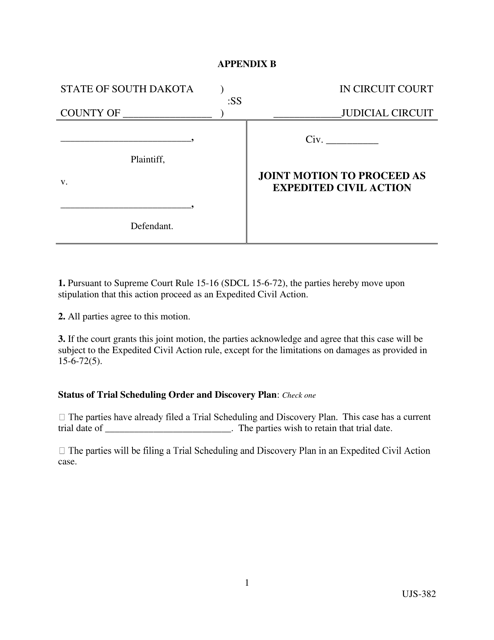 Form UJS-382 Appendix B Joint Motion to Proceed as Expedited Civil Action - South Dakota