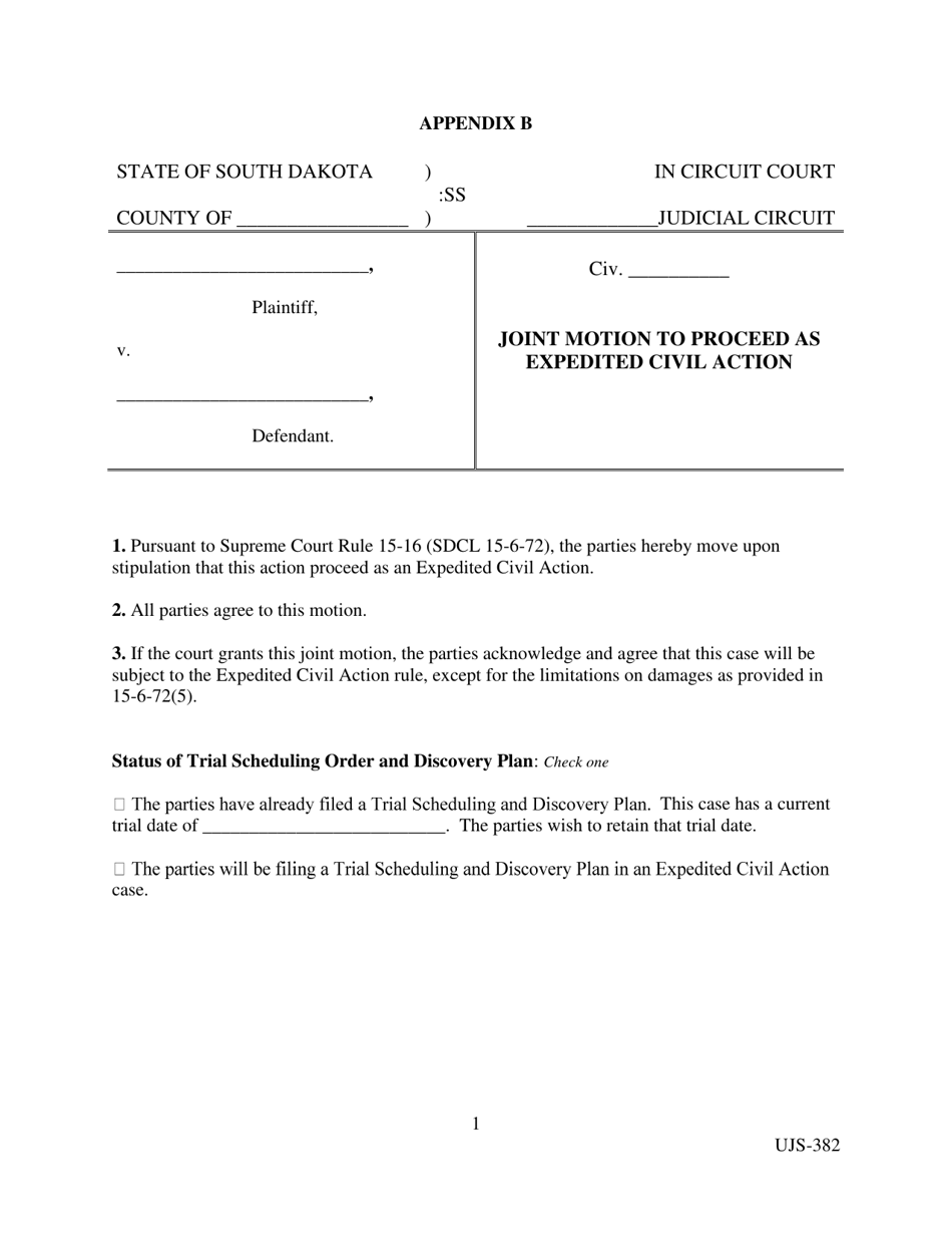 Form UJS-382 Appendix B Joint Motion to Proceed as Expedited Civil Action - South Dakota, Page 1