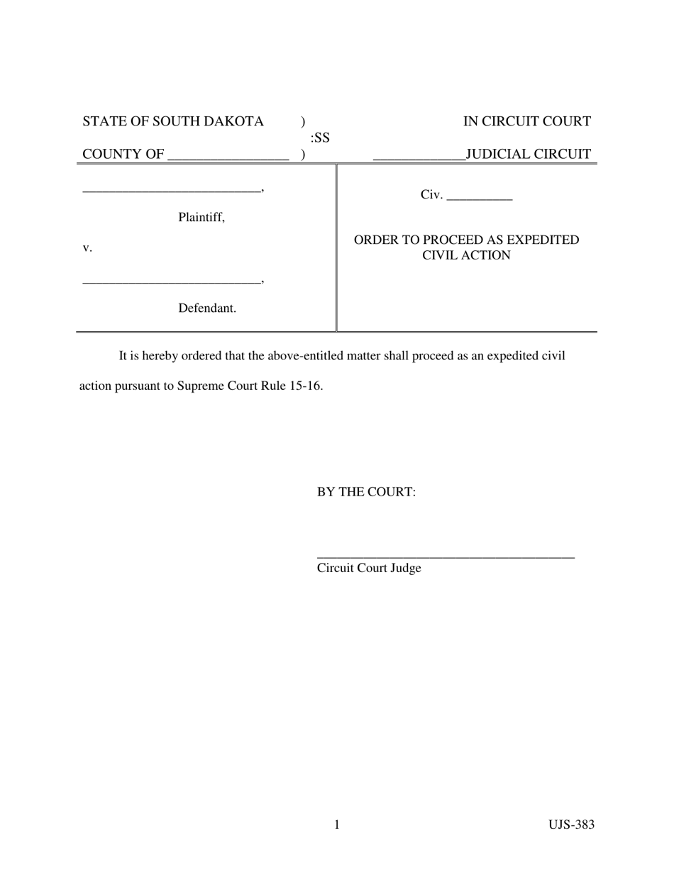 Form UJS-383 Order to Proceed as Expedited Civil Action - South Dakota, Page 1