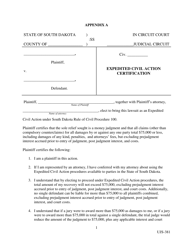 Form UJS-381 Appendix A Expedited Civil Action Certification - South Dakota