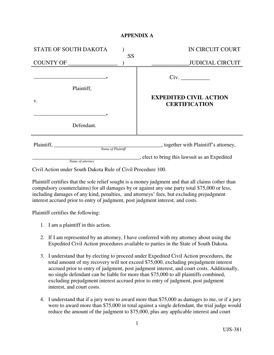 Form UJS-381 Appendix A Expedited Civil Action Certification - South Dakota, Page 1