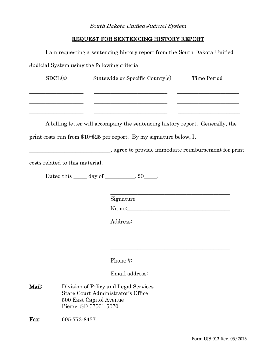 Form UJS-013 Request for Sentencing History Report - South Dakota, Page 1