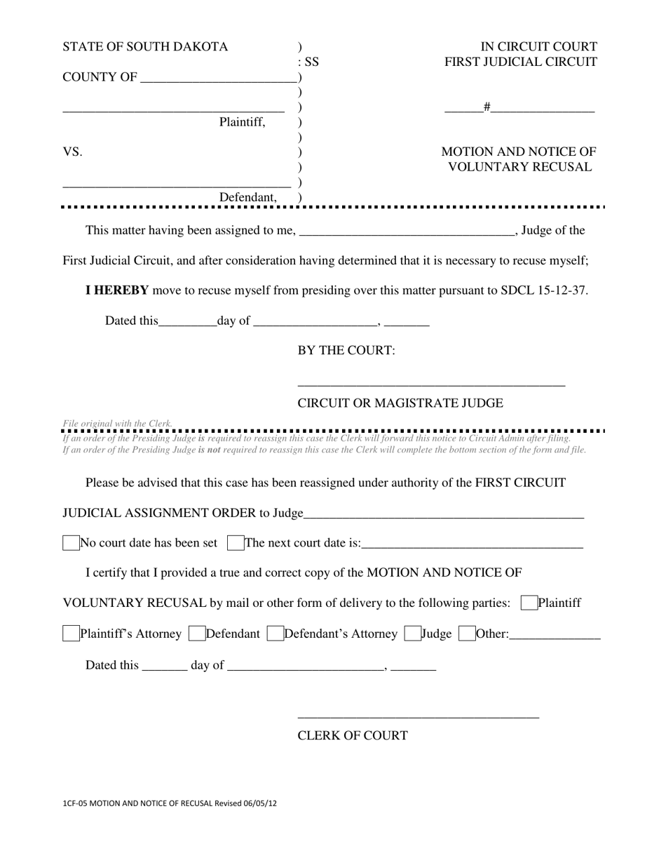 Form 1CF-05 Motion and Notice of Voluntary Recusal - South Dakota, Page 1