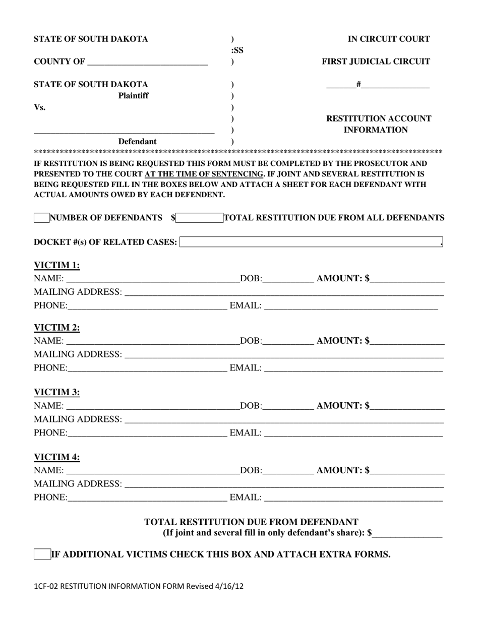 Form 1CF-02 Restitution Account Information - South Dakota, Page 1