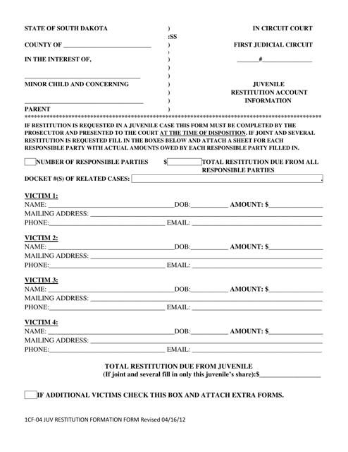 Form 1CF-04 Juvenile Restitution Account Information - South Dakota