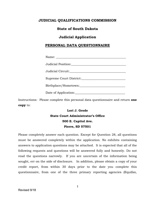 Judicial Application Personal Data Questionnaire - South Dakota Download Pdf