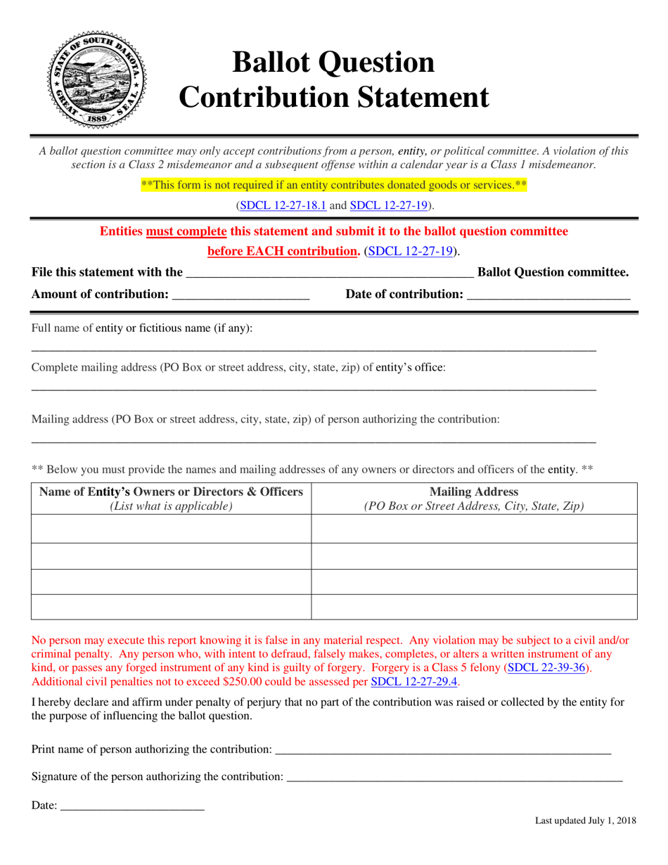 South Dakota Ballot Question Contribution Statement Download Fillable PDF Templateroller