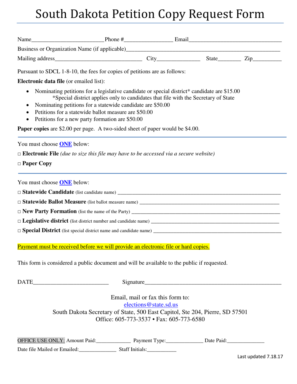 South Dakota Petition Copy Request Form - South Dakota, Page 1