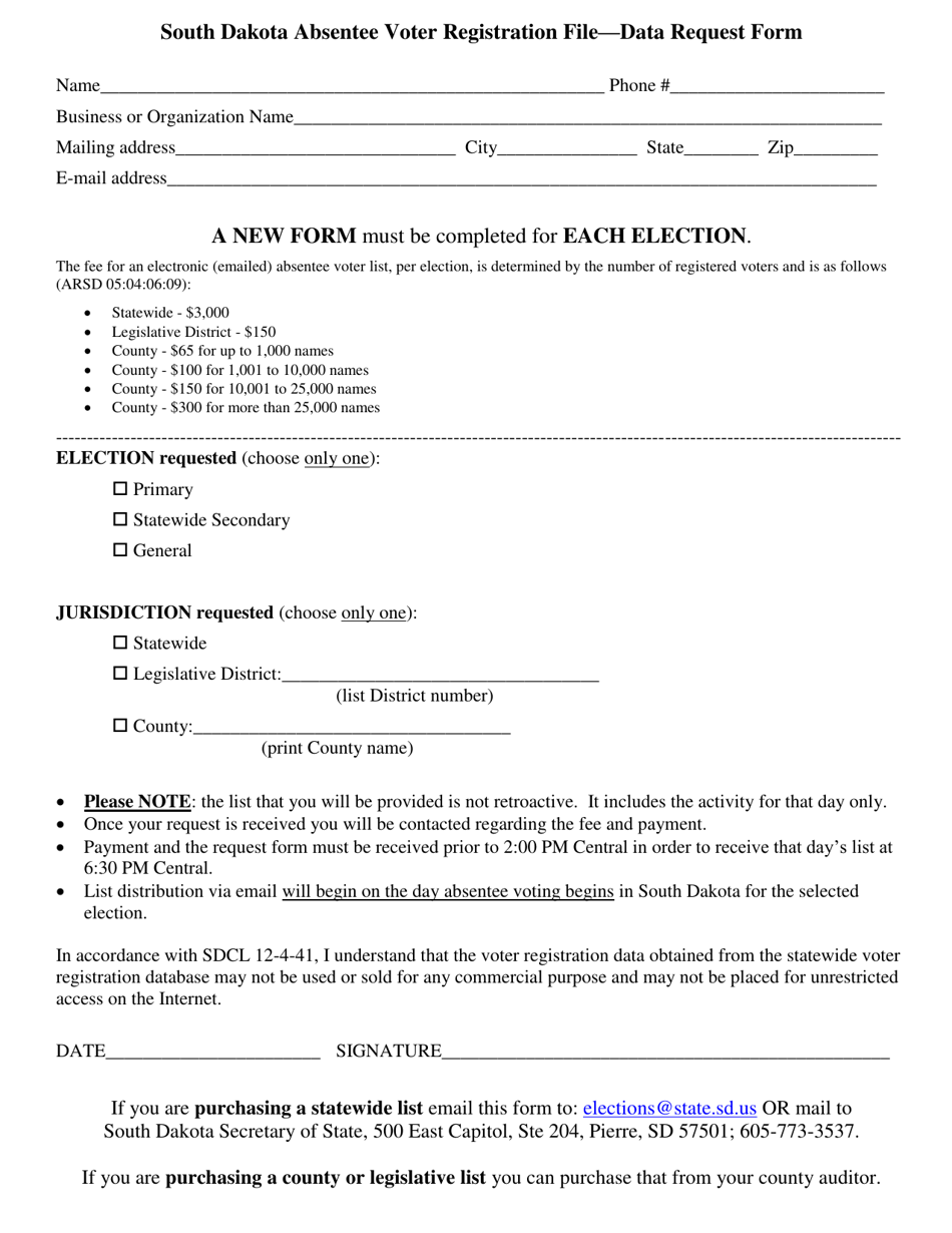 South Dakota Absentee Voter Registration File - Data Request Form - South Dakota, Page 1