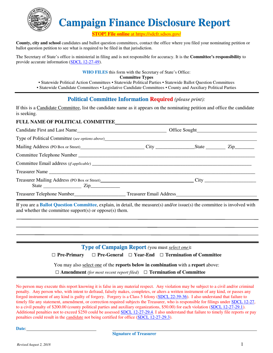 Campaign Finance Disclosure Report Form - South Dakota, Page 1