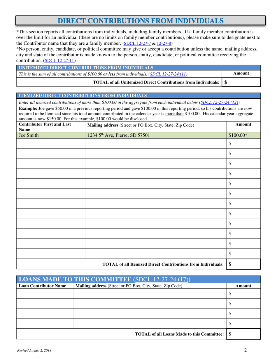 Campaign Finance Disclosure Report Form - South Dakota, Page 2