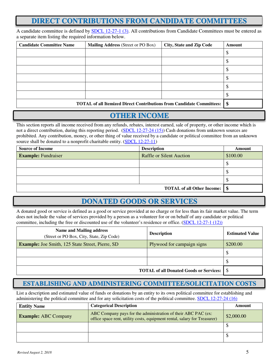 Campaign Finance Disclosure Report Form - South Dakota, Page 5