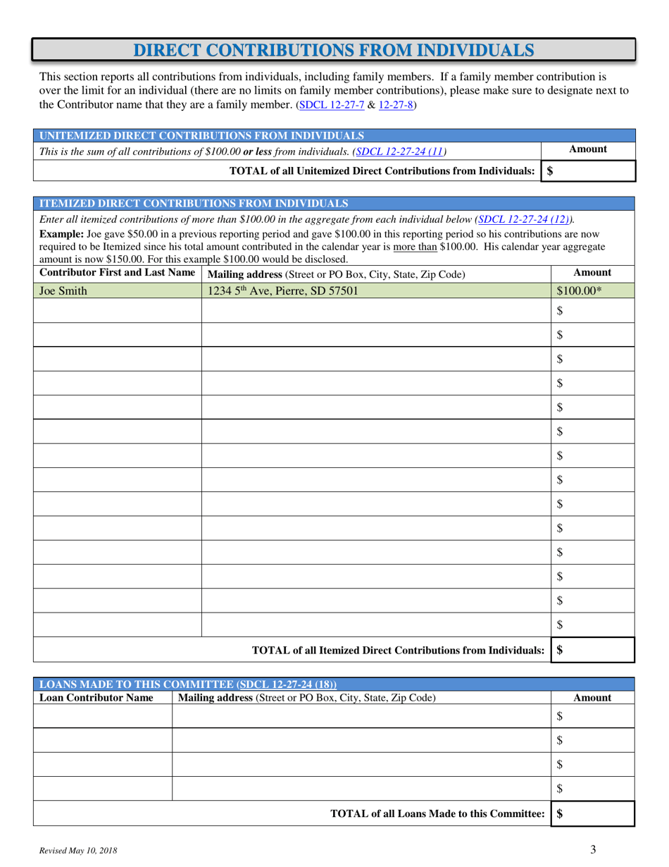Local Jurisdictions Campaign Finance Disclosure Report Form - South Dakota, Page 3