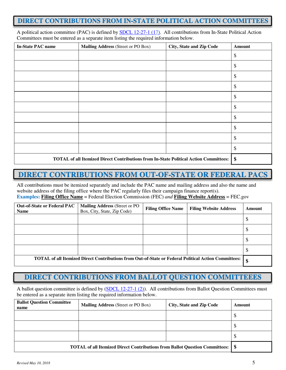 Local Jurisdictions Campaign Finance Disclosure Report Form - South Dakota, Page 5