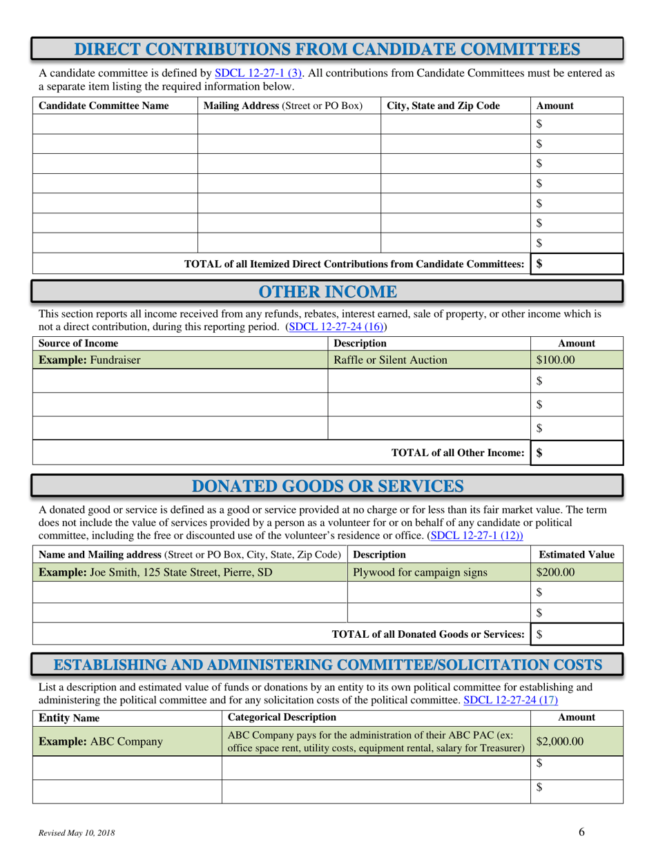 Local Jurisdictions Campaign Finance Disclosure Report Form - South Dakota, Page 6