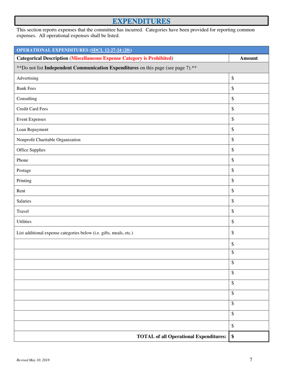 Local Jurisdictions Campaign Finance Disclosure Report Form - South Dakota, Page 7
