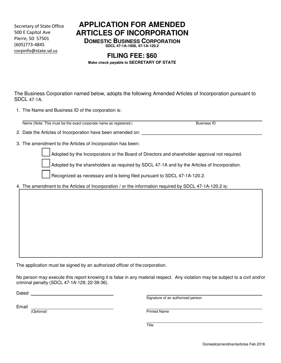 Application for Amended Articles of Incorporation - Domestic Business Corporation - South Dakota, Page 1