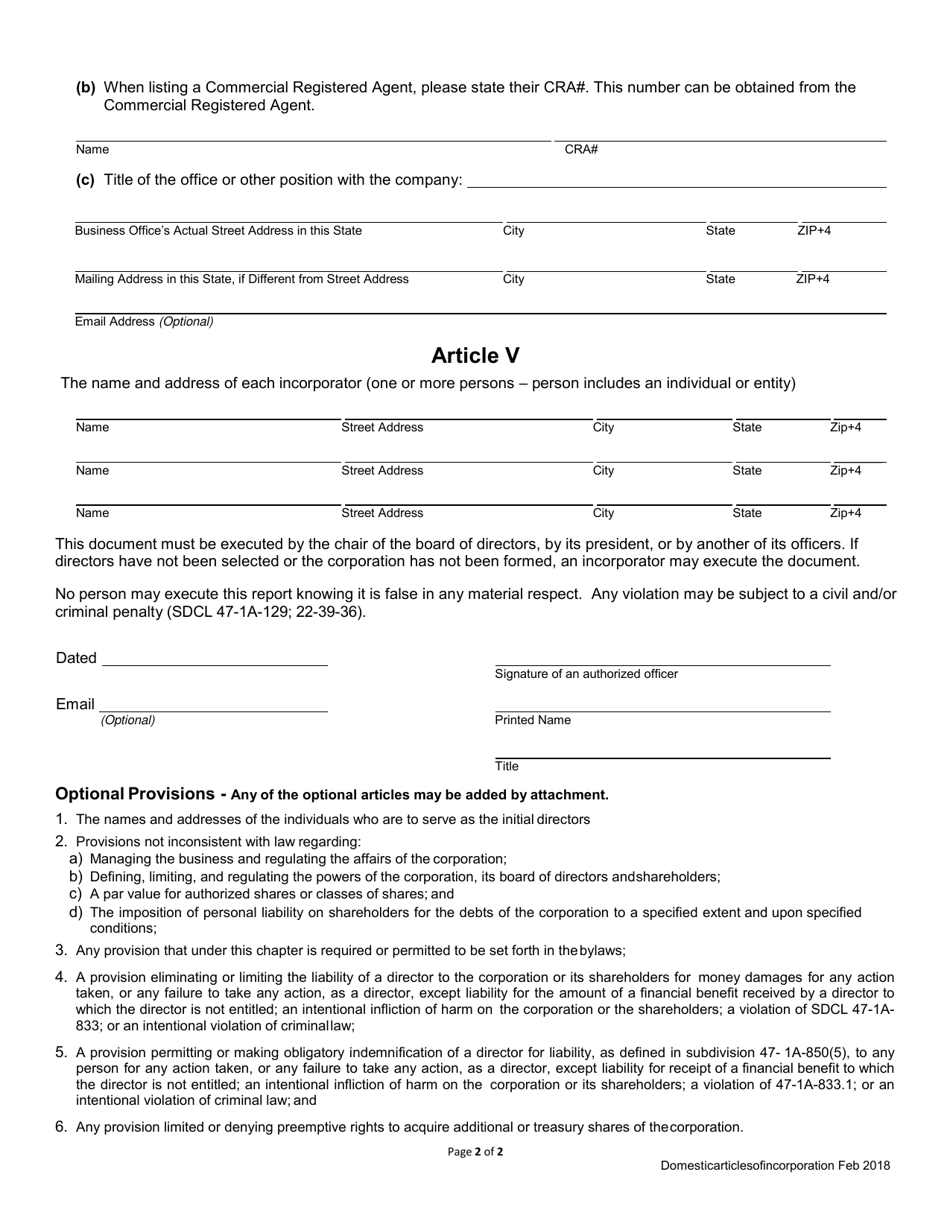 South Dakota Articles of Incorporation - Domestic Business Corporation ...