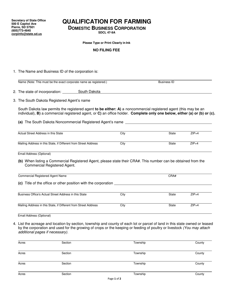 Qualification for Farming - Domestic Business Corporation - South Dakota, Page 1