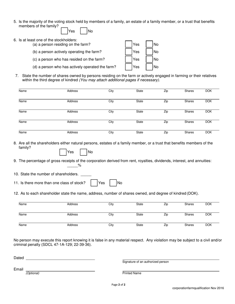 Qualification for Farming - Domestic Business Corporation - South Dakota, Page 2