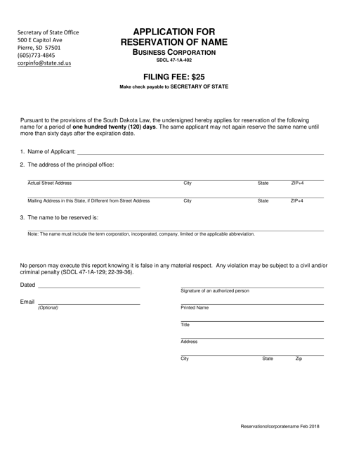 Application for Reservation of Name - Business Corporation - South Dakota