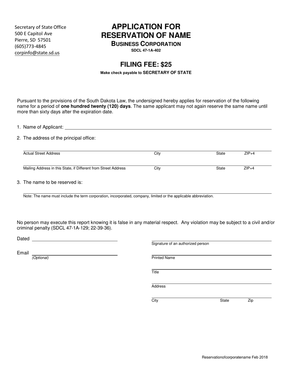 Application for Reservation of Name - Business Corporation - South Dakota, Page 1