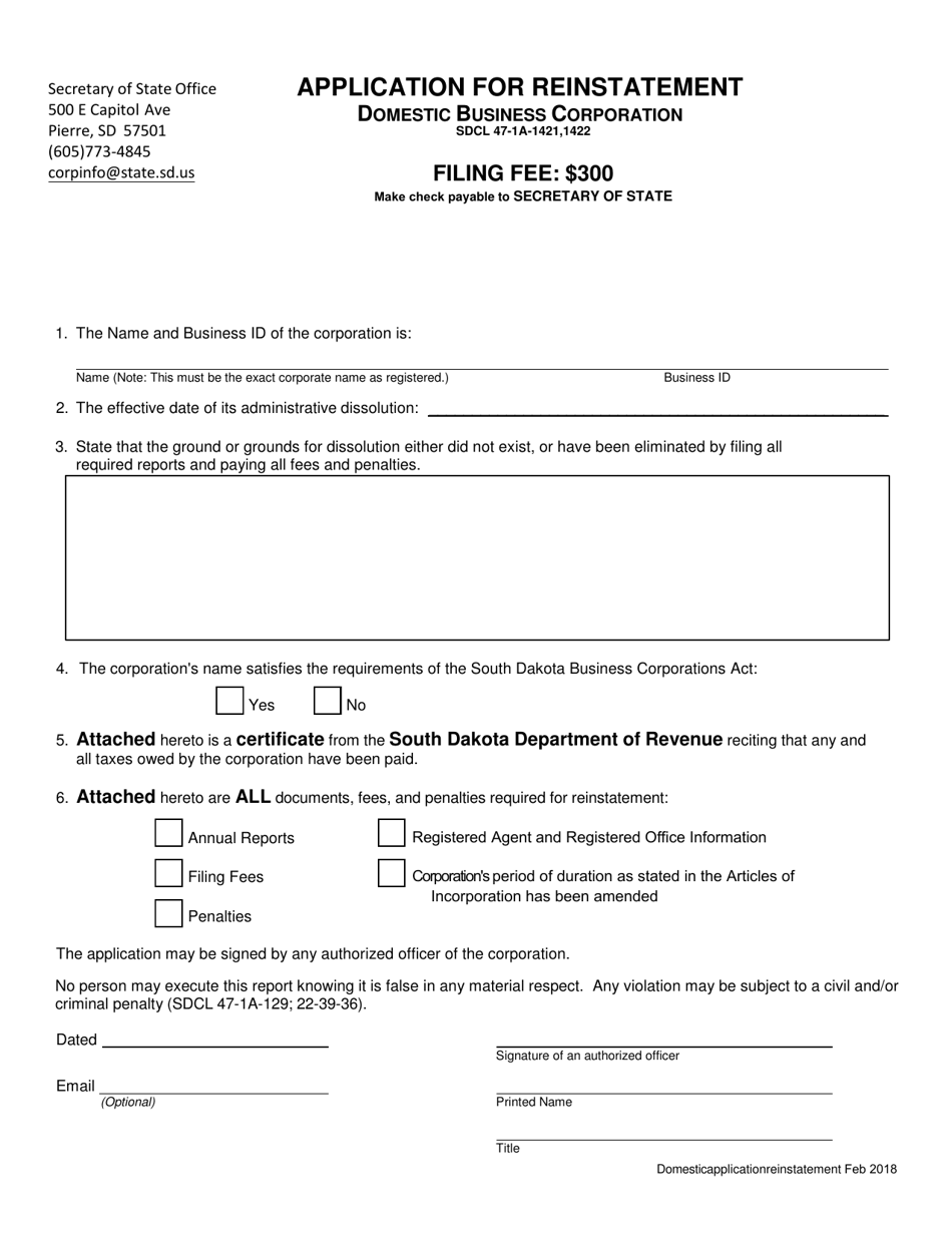 Application for Reinstatement - Domestic Business Corporation - South Dakota, Page 1