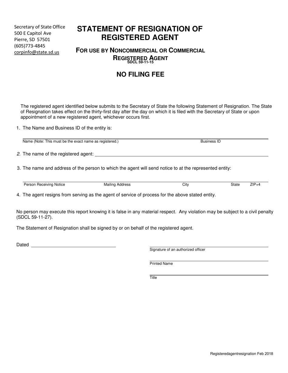 Statement of Resignation of Registered Agent (Commercial or Noncommercial) - South Dakota, Page 1