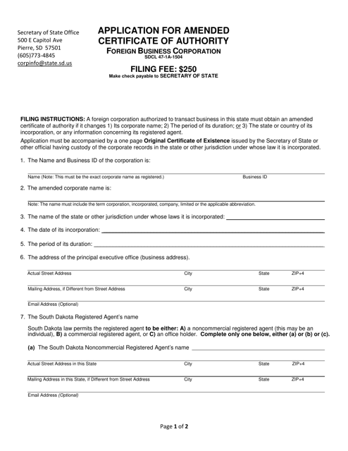 Application for Amended Certificate of Authority - Foreign Business Corporation - South Dakota Download Pdf