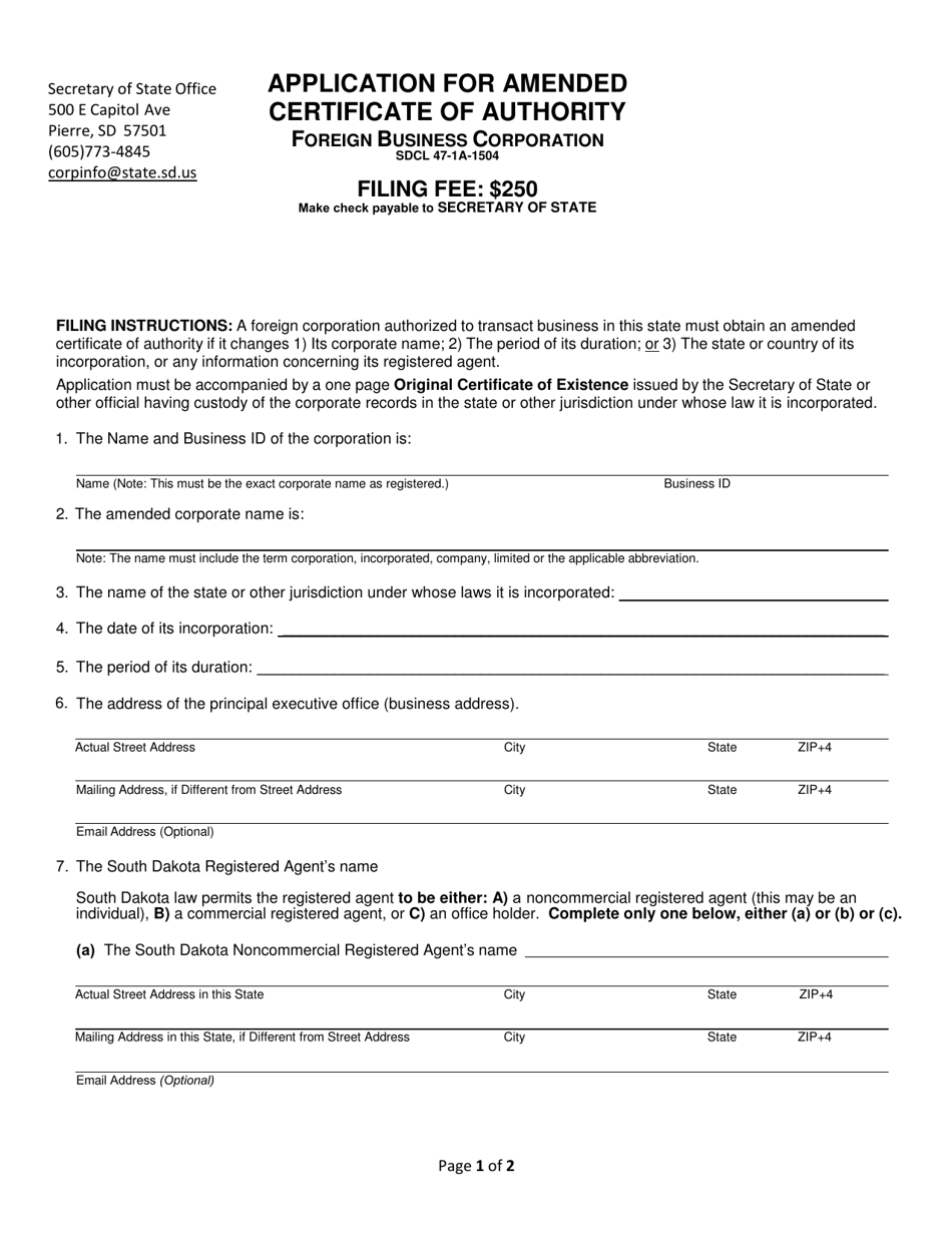 South Dakota Application for Amended Certificate of Authority Foreign