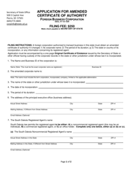 Application for Amended Certificate of Authority - Foreign Business Corporation - South Dakota
