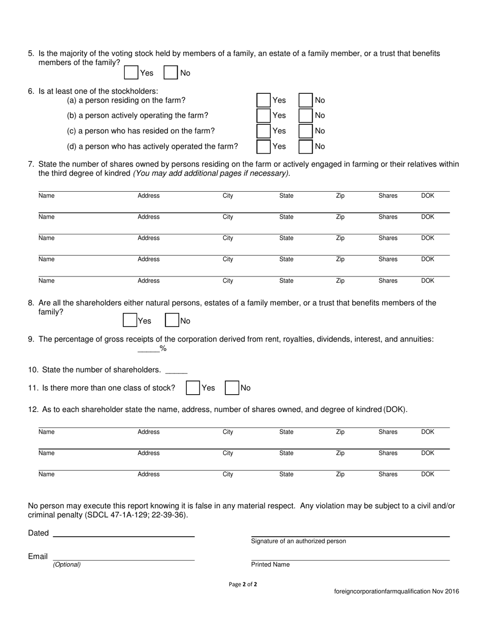 Qualification for Farming - Foreign Business Corporation - South Dakota, Page 2
