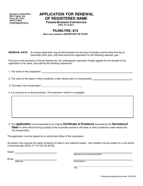 Application for Renewal of Registered Name - Foreign Business Corporation - South Dakota