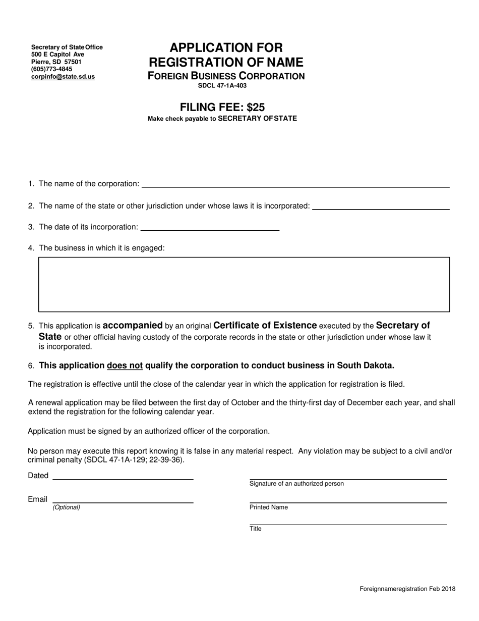Application for Registration of Name - Foreign Business Corporation - South Dakota, Page 1