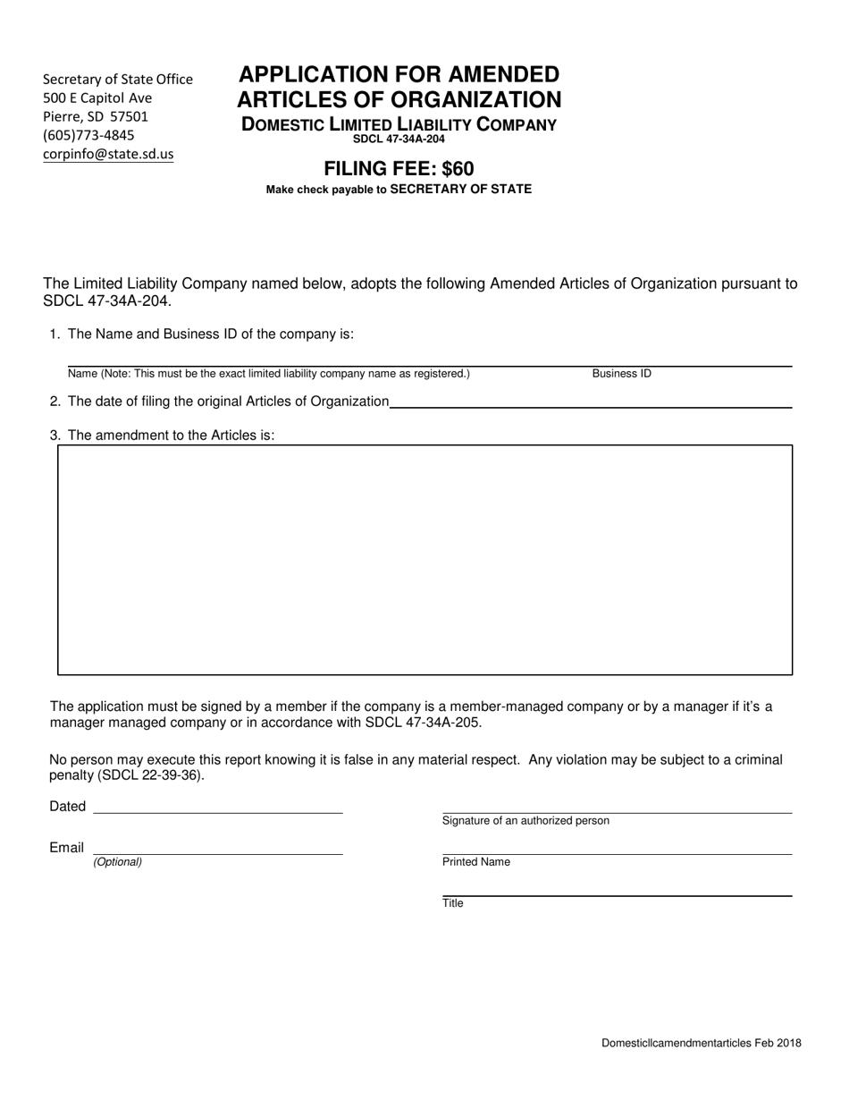 Application for Amended Articles of Organization - Domestic Limited Liability Company - South Dakota, Page 1