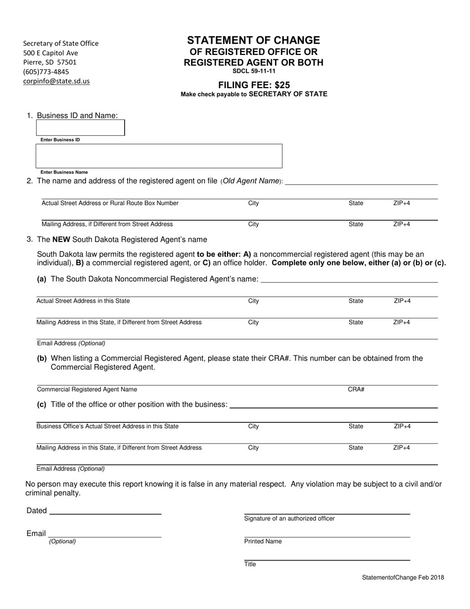 Statement of Change of Registered Office or Registered Agent or Both - South Dakota, Page 1
