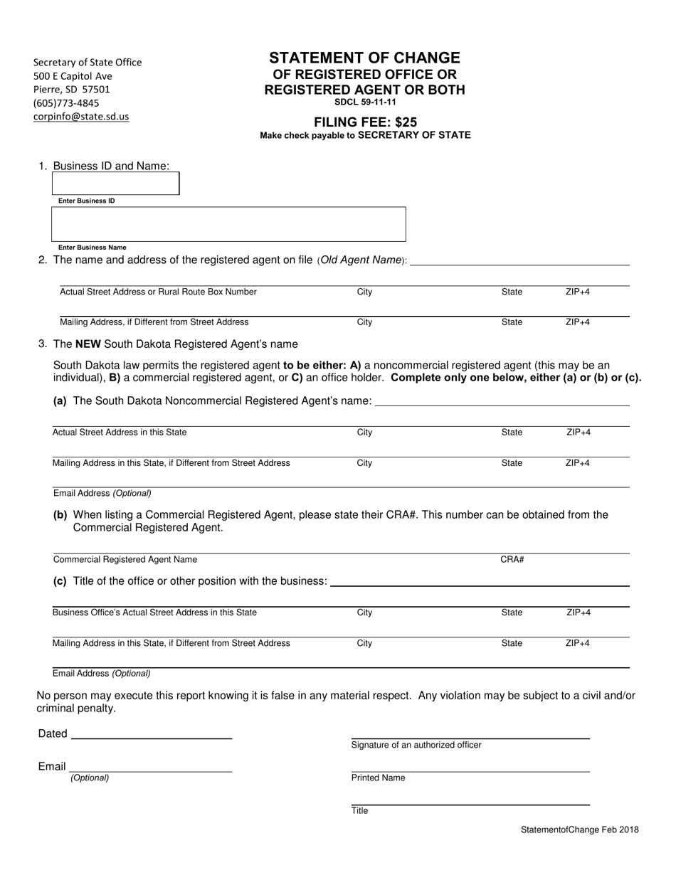 South Dakota Statement of Change of Registered Office or Registered