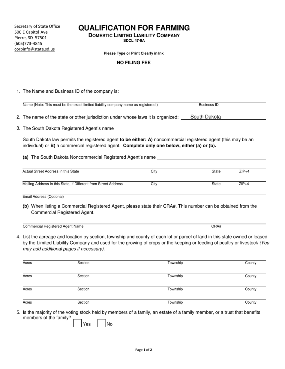 Qualification for Farming - Domestic Limited Liability Company - South Dakota, Page 1