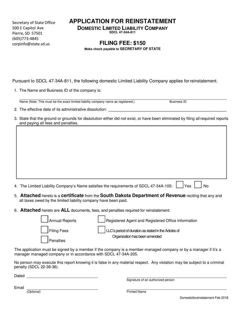 Application for Reinstatement - Domestic Limited Liability Company - South Dakota, Page 1